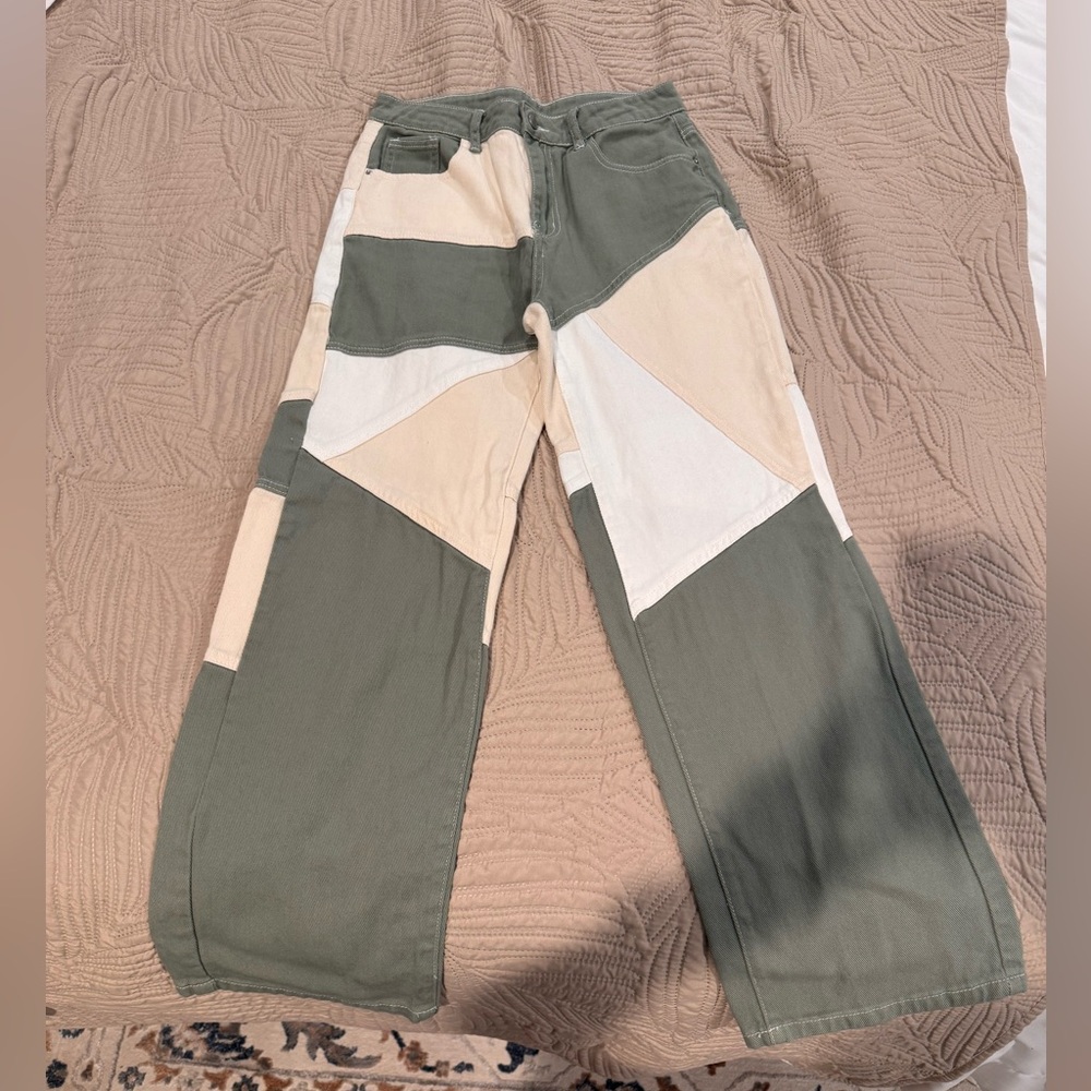 Colorblock Wide Leg Patchwork Pants - Olive & Cream